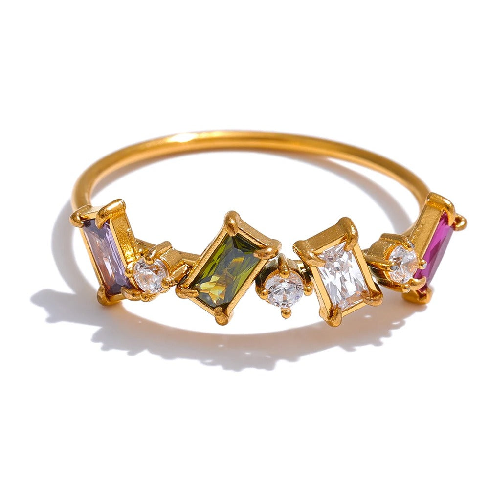 Colorful Cubic Zirconia 18k Gold-Plated Ring – Vibrant Stacking Band for a Bold, Chic Look