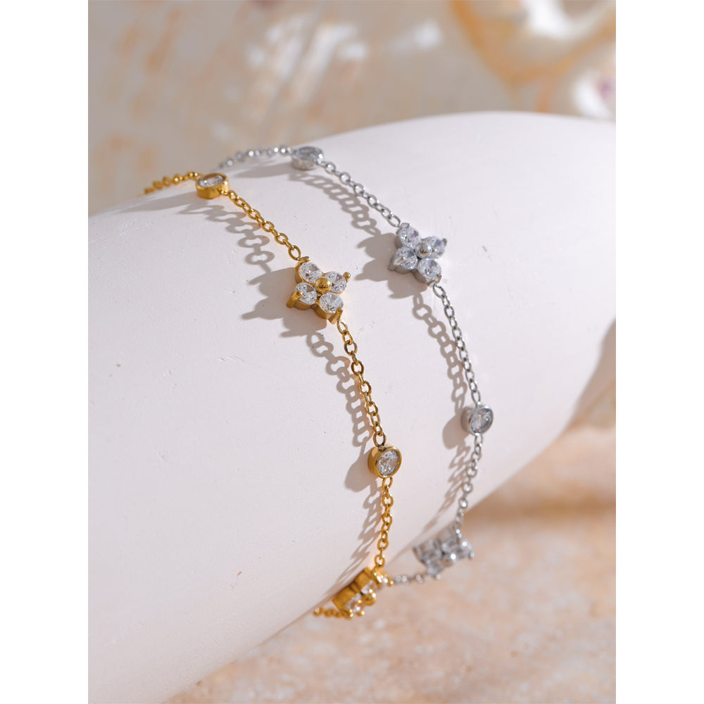 18K Gold Plated Cubic Zirconia Flower Chain Bracelet – Dainty & Elegant