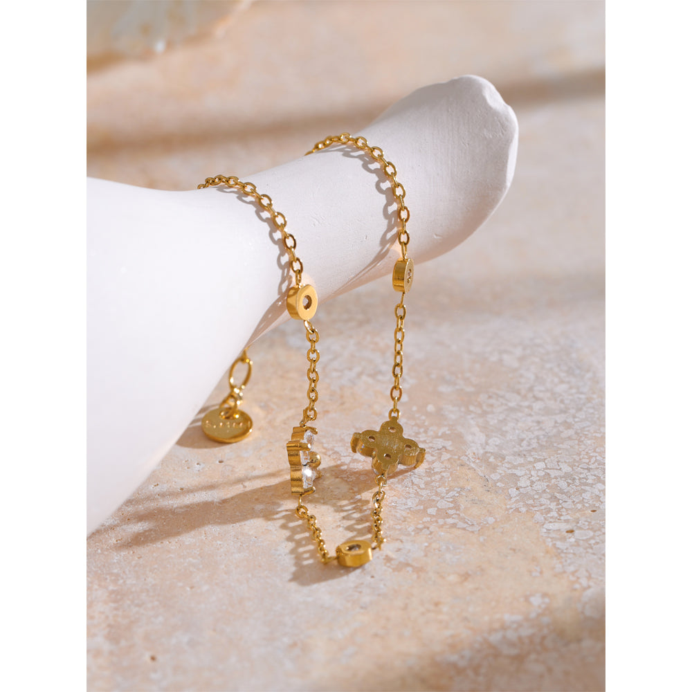 18K Gold Plated Cubic Zirconia Flower Chain Bracelet – Dainty & Elegant