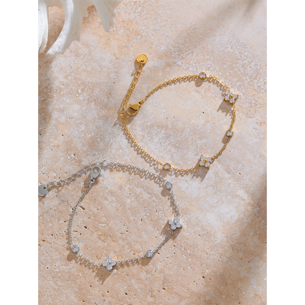18K Gold Plated Cubic Zirconia Flower Chain Bracelet – Dainty & Elegant