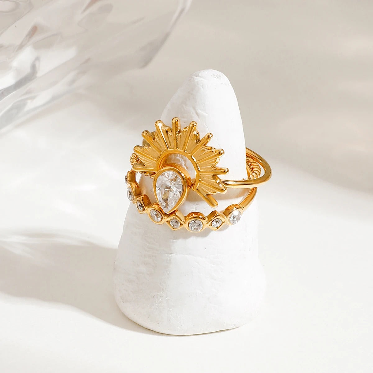 18K Gold Plated Stainless Steel Ring Set – 3pcs Ribbed Sun & Geometric Stackable Design