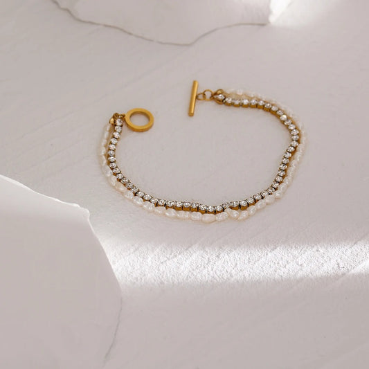 Natural Pearl Chain Bracelet – Layered with Shiny Cubic Zirconia 18k Gold Plated | Elegant, Dainty Stacking Jewelry