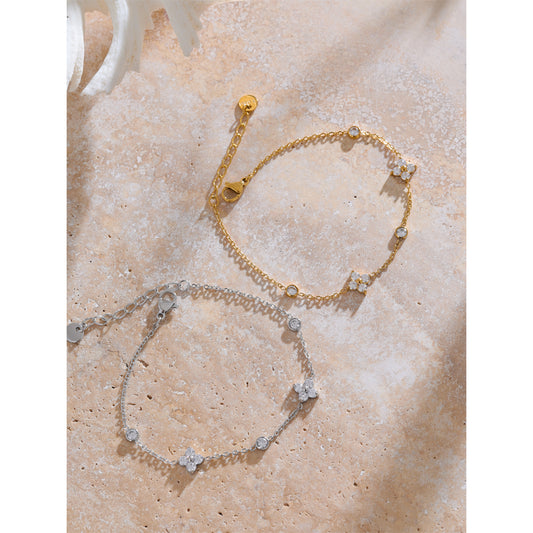 18K Gold Plated Cubic Zirconia Flower Chain Bracelet – Dainty & Elegant