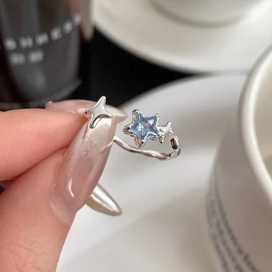 925 Sterling Silver Stars Ring with Blue Crystal – 18K Gold Plated | Celestial Elegance