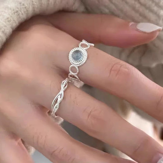 925 Sterling Silver Twin Ring Set – 18K Gold Plated Geometric Design with Moonstone l Elegance