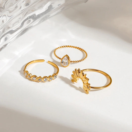 18K Gold Plated Stainless Steel Ring Set – 3pcs Ribbed Sun & Geometric Stackable Design